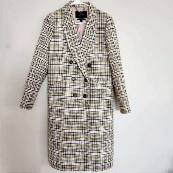 J. Crew Plaid Long Peacoat Double Breasted Italian Wool Ivory Pink Size 4 - Picture 7 of 14